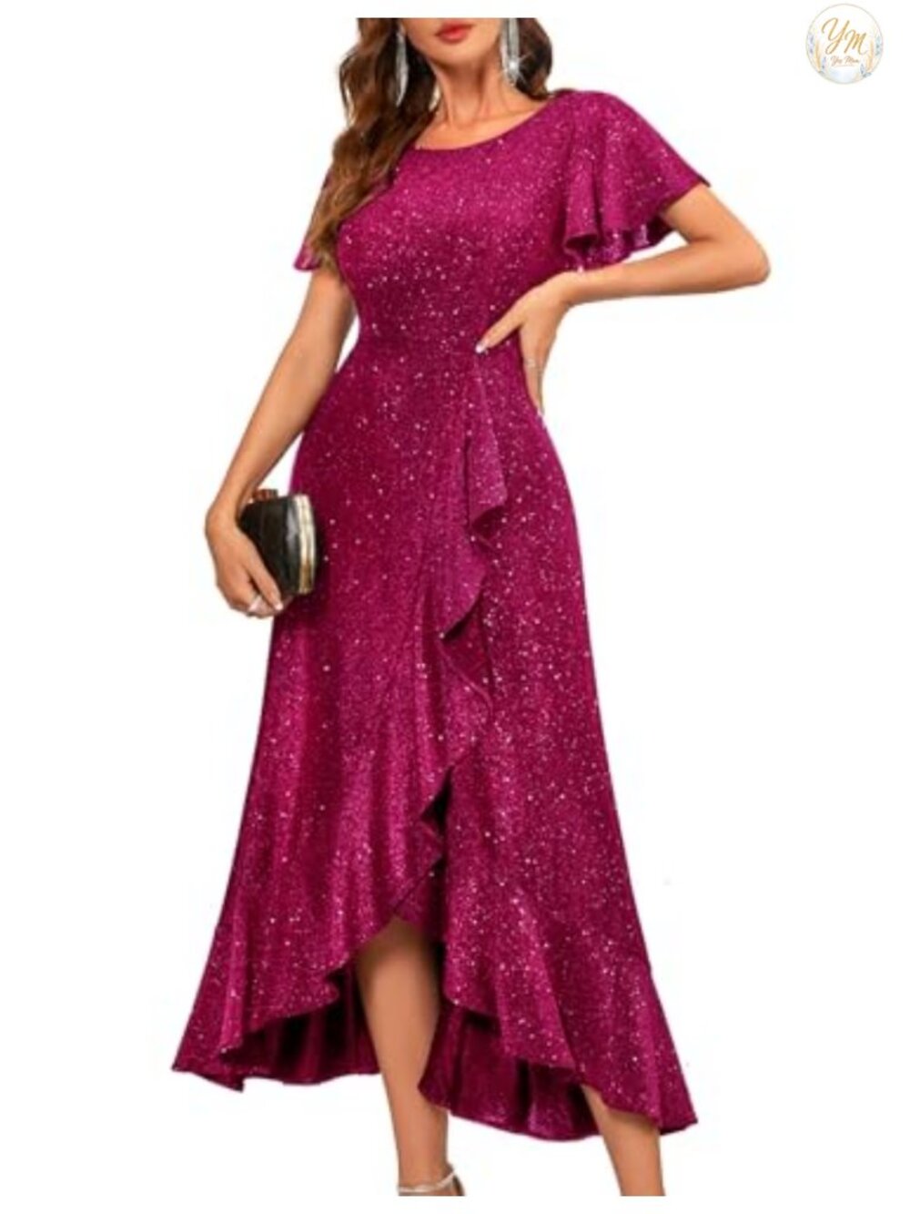 Sequin Formal Maxi Dress with Long Sleeves and High Low Hem